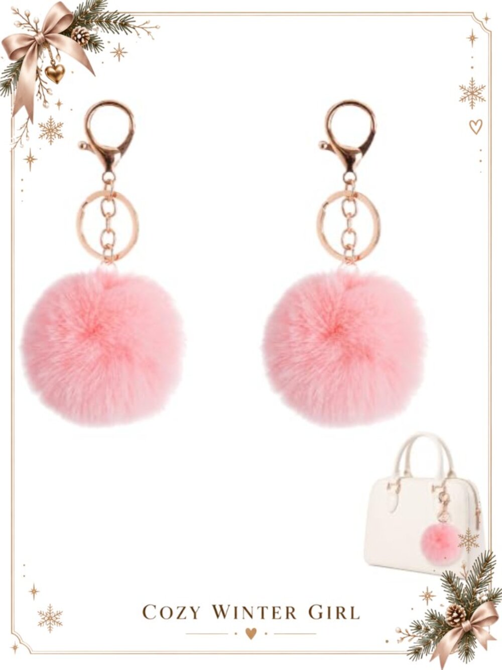2PC Faux Rabbit Fur Pom Pom Keychain Gold Metal Ring Bag Charm 8cm